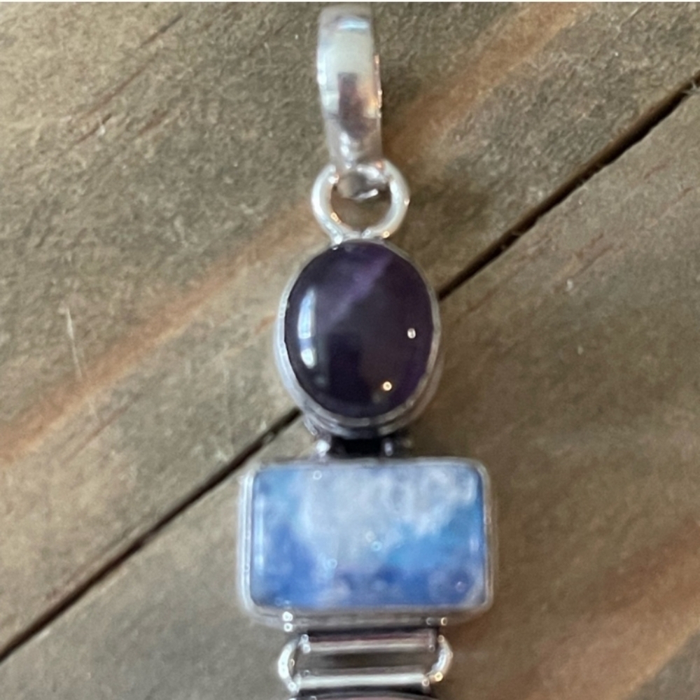 Rhodonite, Rainbow Moonstone, Amethyst Gemstone Long 2.5” Boho Silver Pendant - Picture 5 of 11